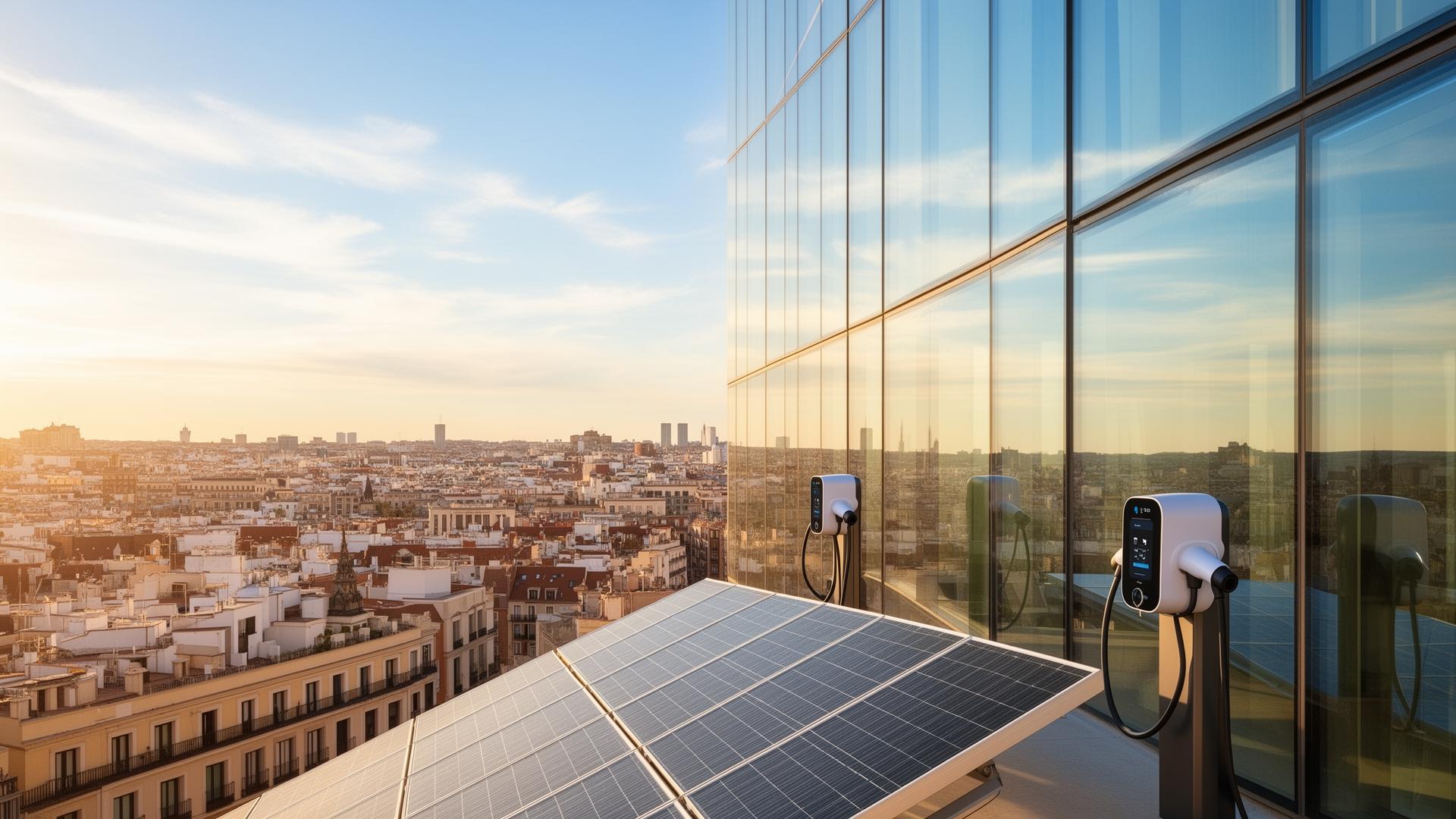 Spanish skyline with rooftop solar panels and EV chargers on a modern building